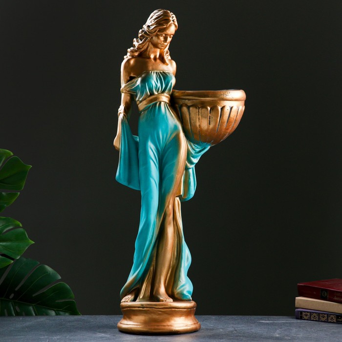 Фигура с кашпо "Девушка в платье" бронза голубой-зеленый, 1,2 л / 21х84х34см - фото 1908355527
