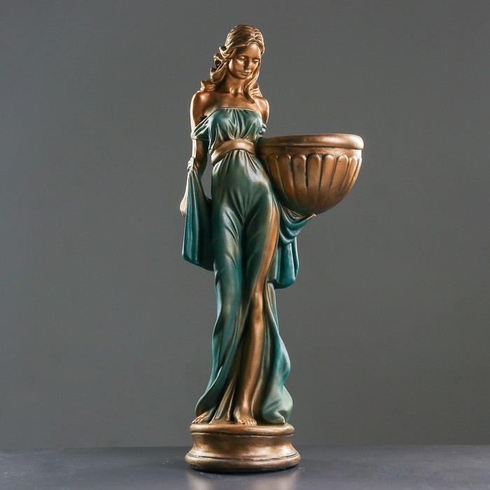 Фигура с кашпо "Девушка в платье" бронза голубой-зеленый, 1,2 л / 21х84х34см