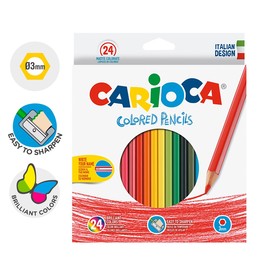 Карандаши 24 цвета, Carioca "Colored", дерево, шестигранные, грифель 3.0 мм, яркие цвета и натуральный пигмент, европодвес 3044764