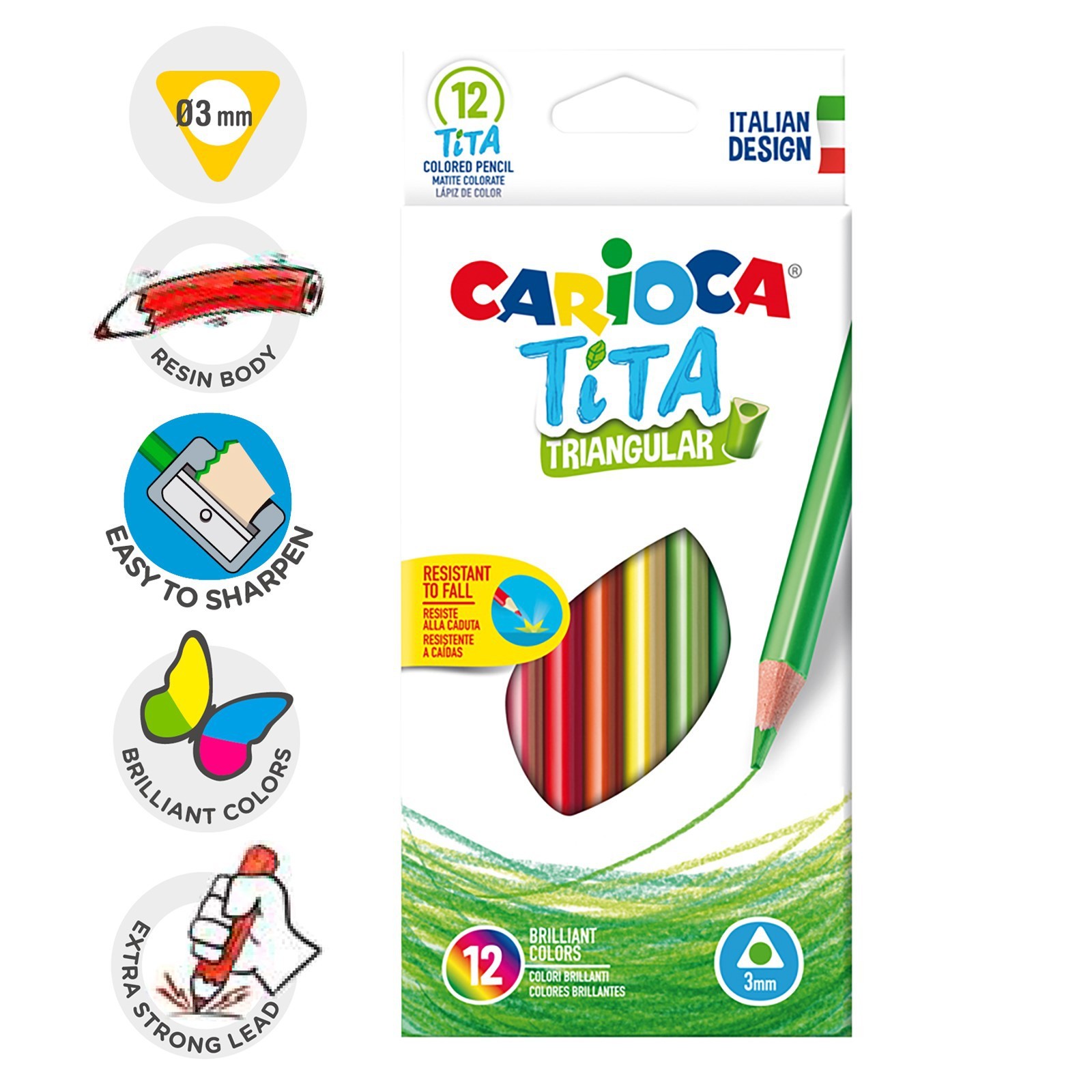Карандаши 12 цветов Carioca Tita, яркий ударопрочный грифель 3.0 мм ...