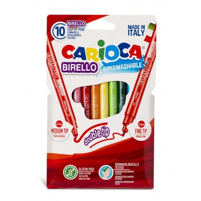 Фломастеры 10 цветов двусторонние Carioca "Birello" 2.6/4.7 мм, смываемые, картон, европодвес