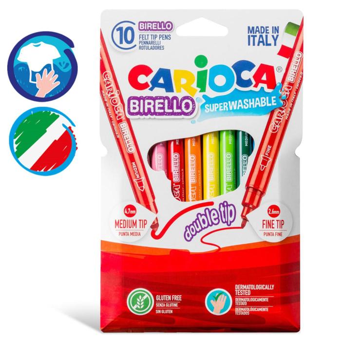 Фломастеры 10 цветов двусторонние Carioca "Birello" 2.6/4.7 мм, смываемые, картон, европодвес - Фото 1
