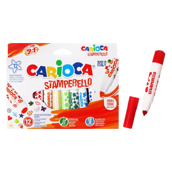 

Фломастеры двусторонние 12 цветов, Carioca "Stamperello", с трафаретами, смываемые чернила, в картонной коробке