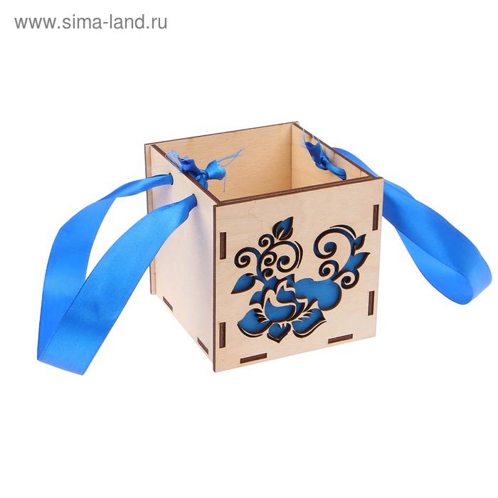 Кашпо деревянное кубическое "Цветок", стандарт, ручка лента, синий - Фото 1
