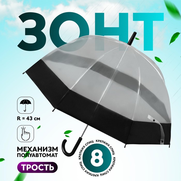 Зонт - трость полуавтоматический «Кант», 8 спиц, R = 43 см, цвет чёрный/прозрачный - фото 1903986839