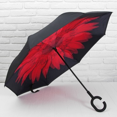 Зонт - наоборот механический «Цветок», прорезиненная ручка, 8 спиц, R = 56 см, цвет чёрный/красный
