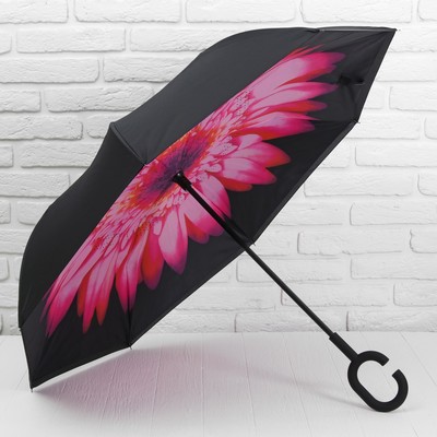 Зонт - наоборот механический «Цветок», прорезиненная ручка, 8 спиц, R = 56 см, цвет чёрный/розовый
