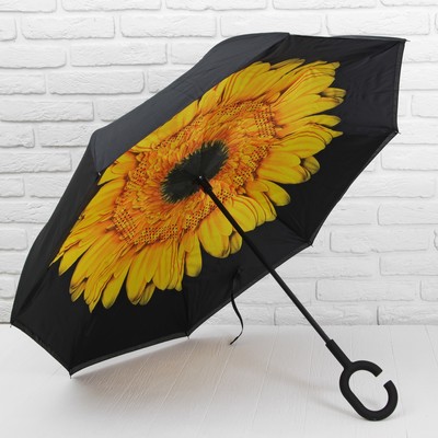 Зонт - наоборот механический «Цветок», прорезиненная ручка, 8 спиц, R = 56 см, цвет чёрный/жёлтый