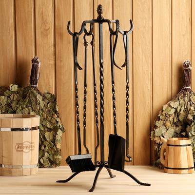 Каминный набор «Спирали», 4 предмета: кочерга, щипцы, совок, метёлка, на стойке
