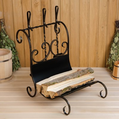 Каминный набор «КН-6-4», кованый с дровницей, 3 предмета: кочерга, совок, метёлка