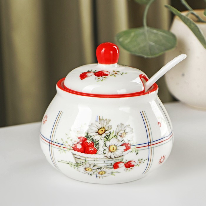 Сахарница фарфоровая с ложкой Доляна «Ромашки», 320 мл, цвет белый - Фото 1
