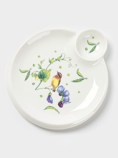 Блюдо Доляна «Зелёный сад», 22.5×20×2 см, с соусником, круглое, фарфор, белое