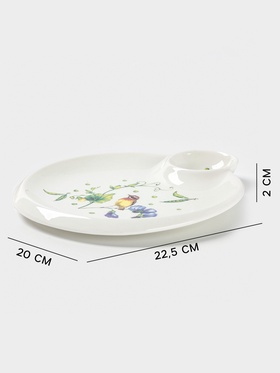 Блюдо Доляна «Зелёный сад», 22.5×20×2 см, с соусником, круглое, фарфор, белое