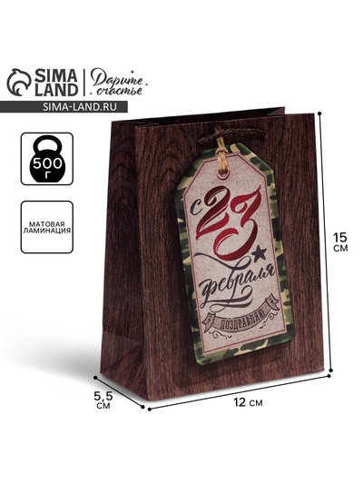 Пакет подарочный ламинированный, упаковка, «Поздравляю с 23 Февраля», S 12 х 15 х 5.5 см