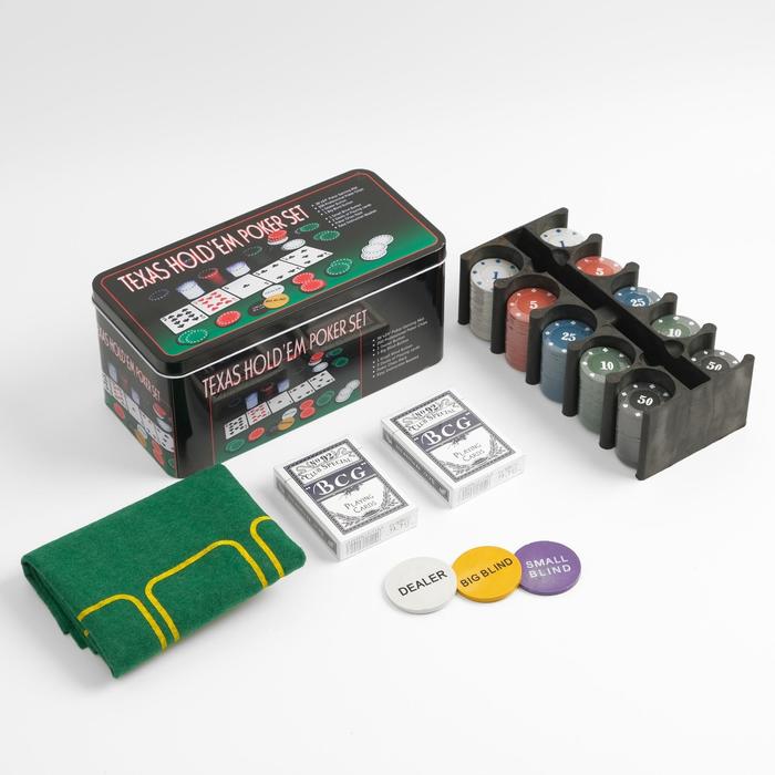 УЦЕНКА Покер, набор для игры (карты 2 колоды, фишки 200 шт, сукно 60х90см) - Фото 1
