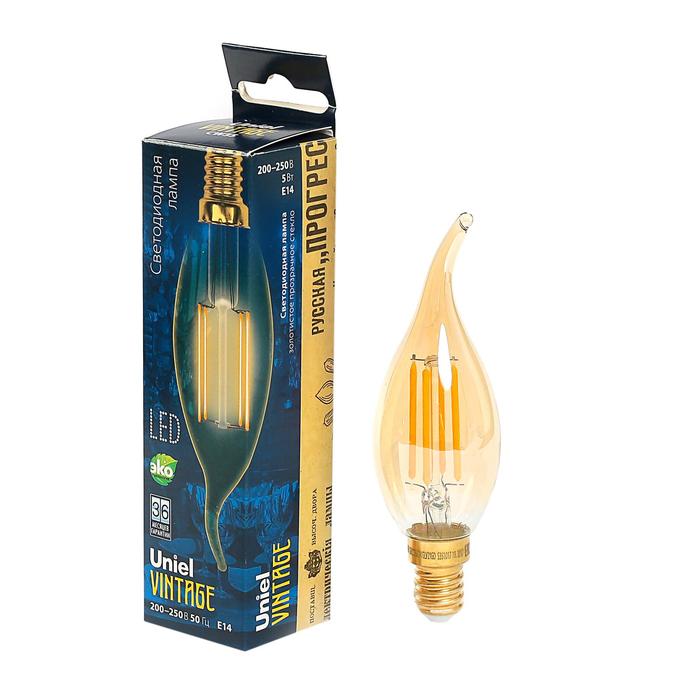 Лампа светодиодная Uniel Vintage, C35, 5 Вт, E14, свеча на ветру, золотистая колба - Фото 1