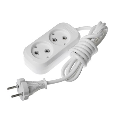 Удлинитель сетевой Smartbuy, 2 розетки, 2 м, 2200 Вт, ПВС 2×1 мм2, 10 А, без заземления, белый