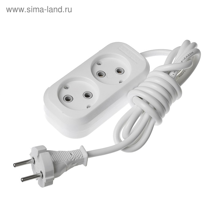 Удлинитель сетевой Smartbuy, 2 розетки, 2 м, 2200 Вт, ПВС 2×1 мм2, 10 А, без заземления, белый - Фото 1