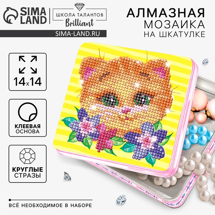 Алмазная мозаика на шкатулке с частичным заполнением «Котик», 14×14 см - Фото 1