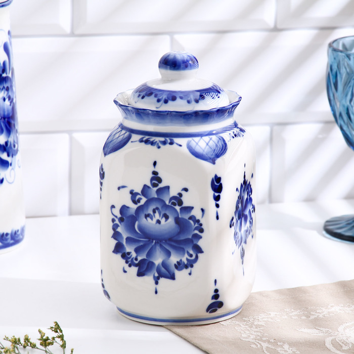 Банка для хранения сыпучих продуктов «Каскад», 1.25 л, h=19.5 см, фарфор гжель - Фото 1