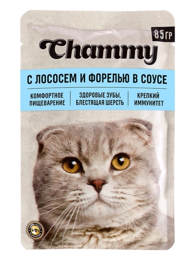 Влажный корм Chammy для кошек, лосось/форель в соусе, пауч, 85 г