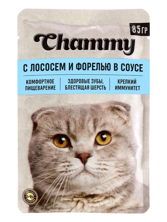 Влажный корм Chammy для кошек, лосось/форель в соусе, пауч, 85 г - Фото 1