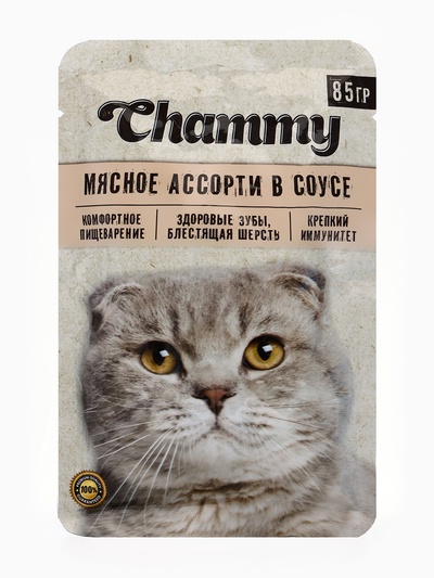 Влажный корм Chammy для кошек, мясное ассорти в соусе, пауч, 85 г