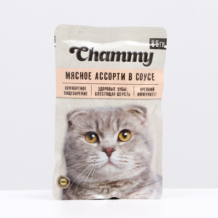 Влажный корм Chammy для кошек, мясное ассорти в соусе, пауч, 85 г - Фото 1