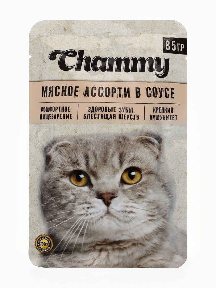 Влажный корм Chammy для кошек, мясное ассорти в соусе, пауч, 85 г - Фото 1