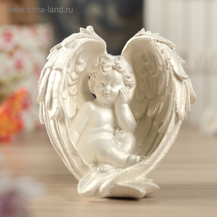 Статуэтка "Ангел сидит в крыльях", белая, 14 см - Фото 1