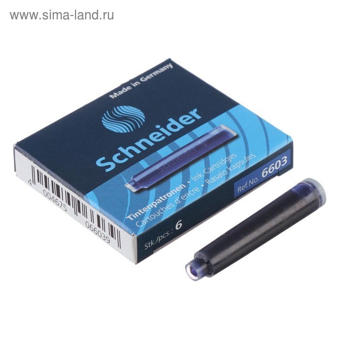 Картридж для перьевой ручки Schneider, 6 штук, кобальтовый, синий, картонная коробка - Фото 1