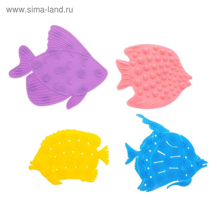 Набор мини-ковриков для ванной 4 шт, «Рыбки», на присосах, цвет МИКС - Фото 1