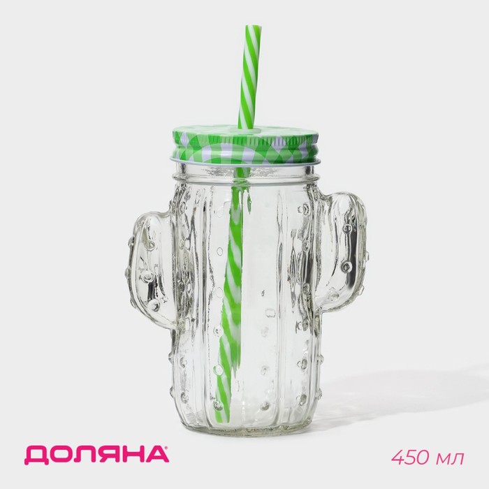 Кружка Доляна «Кактус», 450 мл, 11×7×15 см, стекло, с крышкой и трубочкой, прозрачная - Фото 1