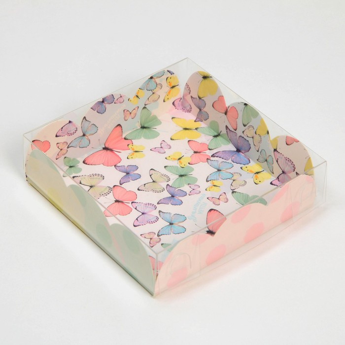 Коробка для печенья, кондитерская упаковка с пластиковой крышкой, «Бабочки», 10.5 х 10.5 х 3 см - Фото 1