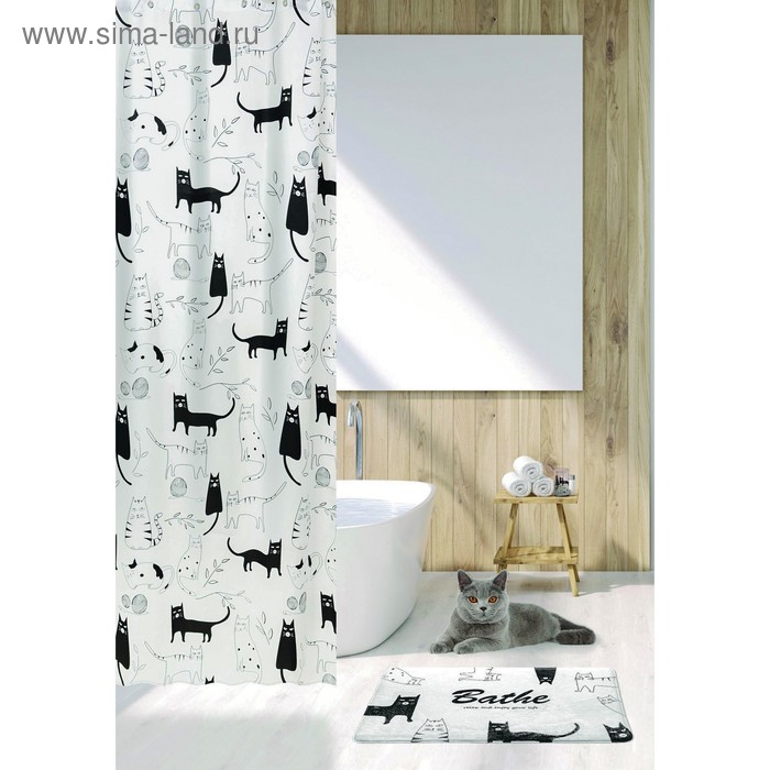 Штора для ванной Little Black Cat 180х180, цвет бело-черный - Фото 1