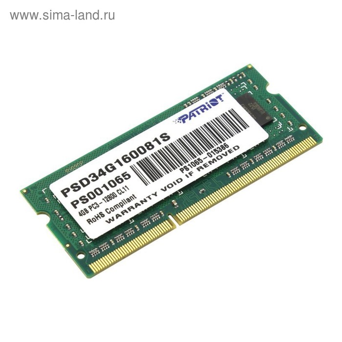Память DDR3 4Gb 1600MHz Patriot PSD34G160081S RTL PC3-12800 CL11 SO-DIMM 204-pin - Фото 1
