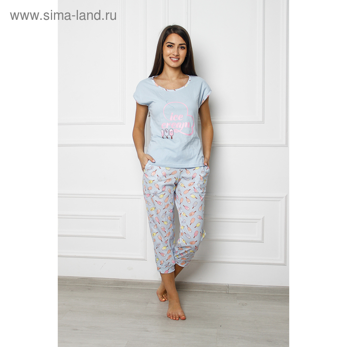 Комплект женский (футболка, бриджи) "Пломбир Лайт М2" PL1030, цвет голубой, р-р 54 - Фото 1