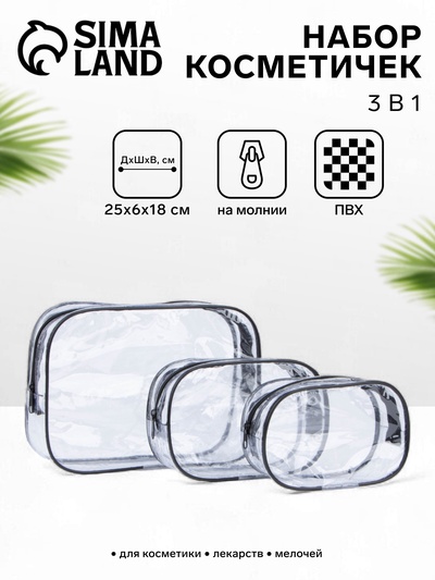 Набор косметичек 3 в 1 на молниях, чёрный, прозрачный