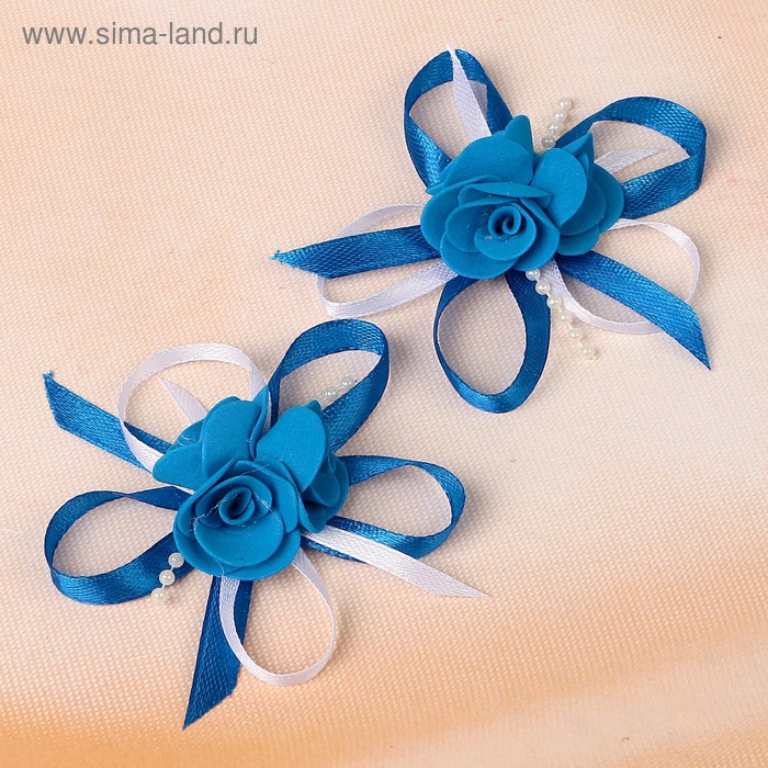 Набор бантов свадебных для декора «С тройным цветочком», D=7 см, 2 шт, синий - Фото 1