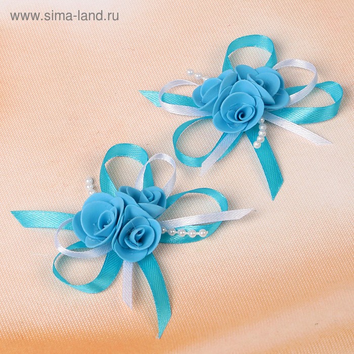 Набор бантов свадебных для декора «С тройным цветочком», D=7 см, 2 шт, голубой - Фото 1