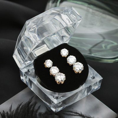 Пусеты 3 пары «Мерцание» циркон, круг, цвет белый в золоте