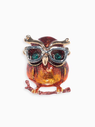 Брошь «Филин в очках», цветная в золоте