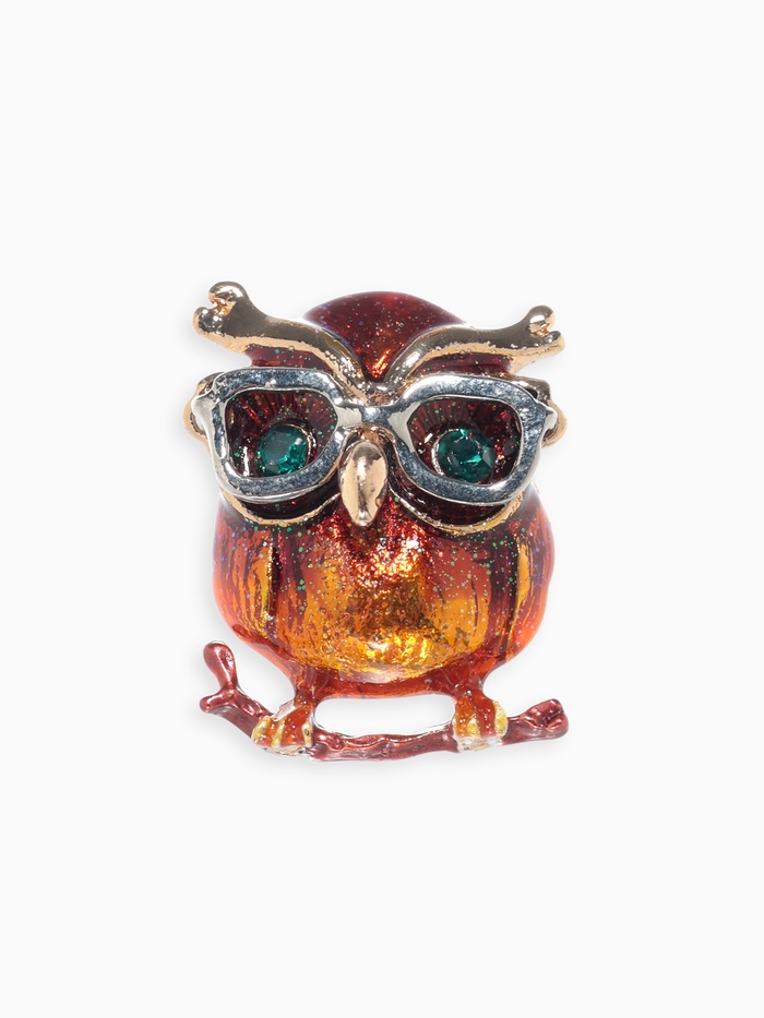 Брошь «Филин в очках», цветная в золоте - Фото 1