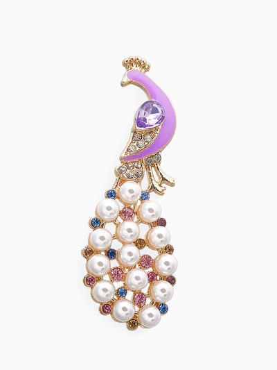 Брошь «Павлин» с жемчужным хвостом, цветная в золоте