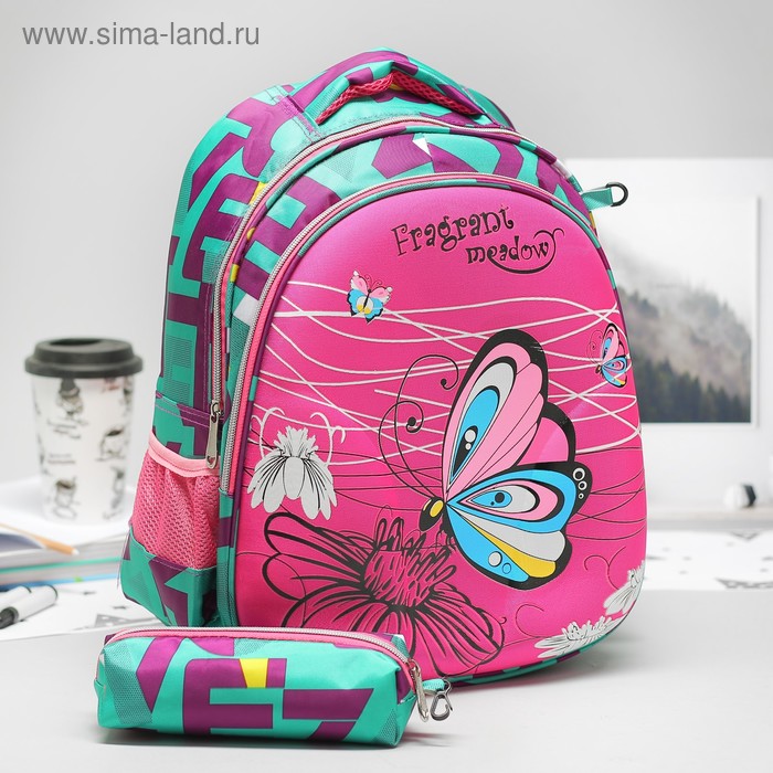 Рюкзак школьный, отдел на молнии, с футляром, наружный карман, 2 боковые сетки, усиленная спинка, цвет розовый - Фото 1