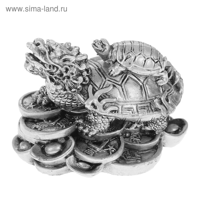 Нэцкэ полистоун серебро "Драконочерепаха с черепахой на монетах" 6х7,5х5,5 см - Фото 1