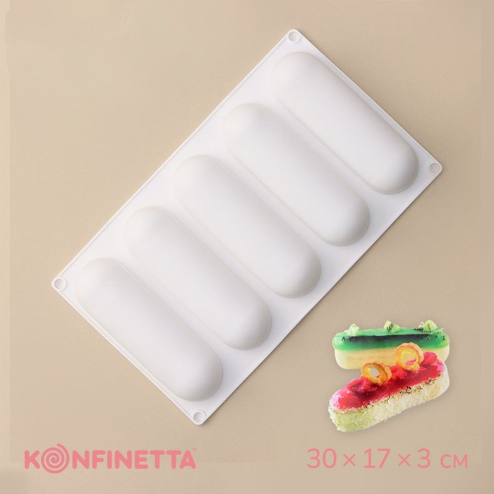 Форма для муссовых десертов и выпечки KONFINETTA «Эклер», 30×17×3 см, 5 ячеек (13.5×3 см), силикон, белая