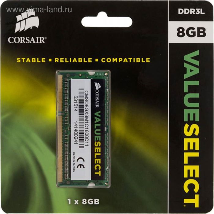 Память DDR3L 8Gb 1600MHz Corsair CMSO8GX3M1C1600C11 RTL PC3-12800 CL11 SO-DIMM 204-pin - Фото 1