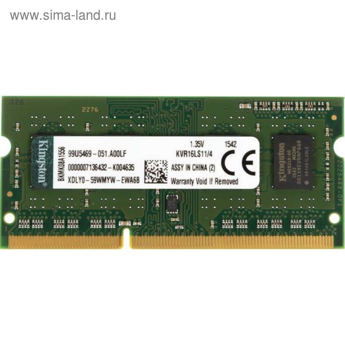 Память DDR3L 4Gb 1600MHz Kingston KVR16LS11/4 RTL PC3-12800 CL11 SO-DIMM 204-pin 1.35В - Фото 1