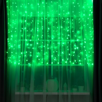УЦЕНКА Гирлянда «Занавес», 2×1.5 м, IP20, 360 LED, 220 В, 8 режимов, прозрачная нить, свечение зелёное